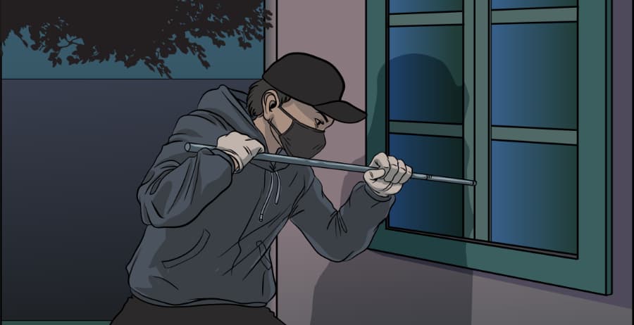 Illustration of burglar forcing entry through a window in Newark